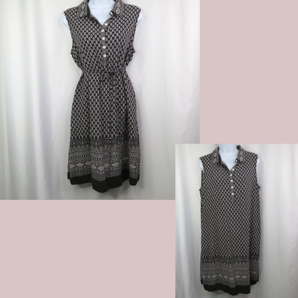 Aventura Eco Dress Size L Black White Floral  Border Sleeveless Pockets Collar
